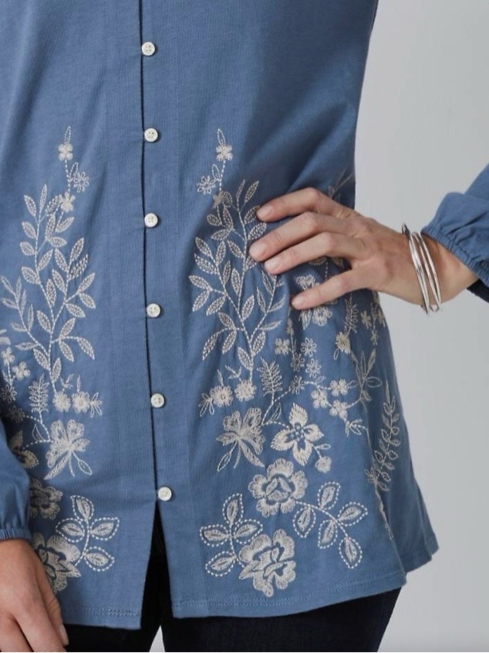J. Jill Blue Button-Front Top with Cream Floral Embroidery - Picture 4 of 9